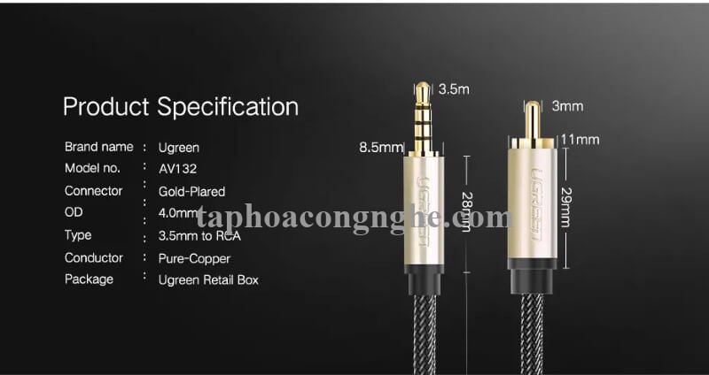 Ugreen 20734 3M chỉ dùng cho tv xiaomi màu Xám Cáp âm thanh bông sen Coaxial sang 3.5mm dương cao cấp AV132 30020734
